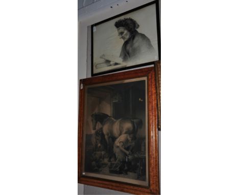After Landseer, a Victorian maple framed equestrian print 100 x 80 cms, together with another print