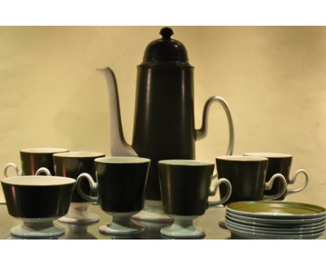 A Carlton Ware olive green ground coffee service, comprising tall pot, six cups & saucers, and sugar bowl