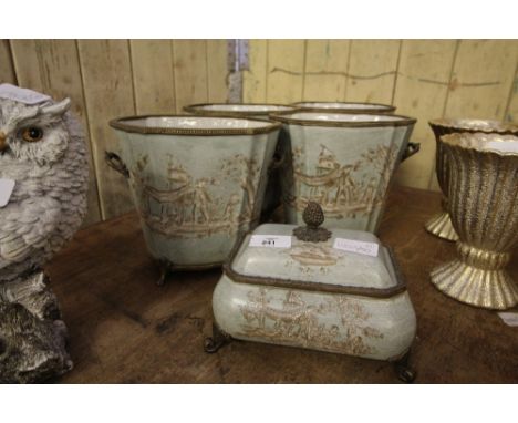 4 pottery buckets and trinket box