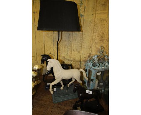 Cast horse lamp and 2 other horse statues