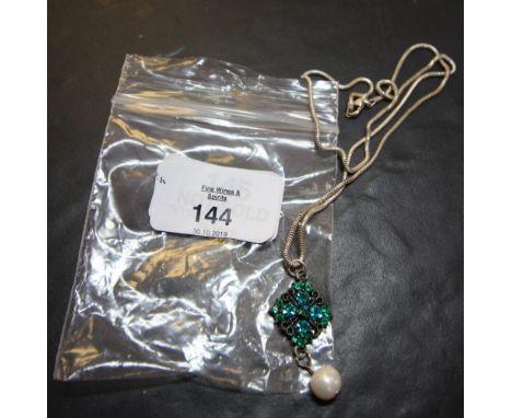 Freshwater pearl and coloured stone pendant and silver chain