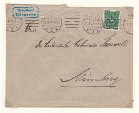 Germany 1922-1923 Inflation Period Post Env Nuremberg machine cancel on SG168; Env Nuremberg machine cancel on SG211; Registe