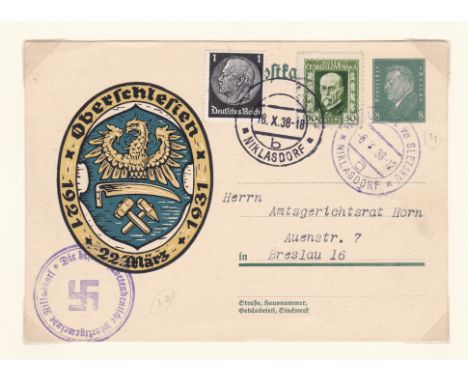 Germany 1938 Occupation Sudetenland Postcard cancel on Czech SG235 &amp; SG493b;  b/w postcard Komrad Henlein cancel on SG493