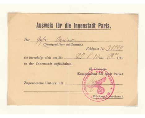 Germany 1940-1943 Northern Zone Occupation Military Pass cachet stamp Military Commandant Paris; Env Field post 12979  strike