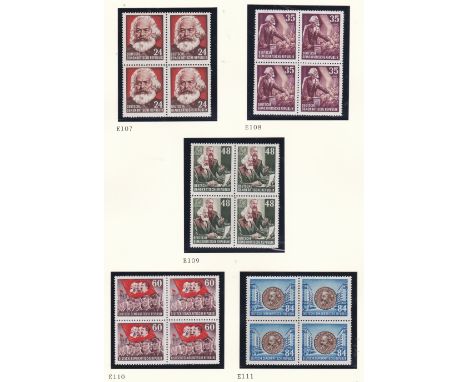 East Germany 1952-1953 definitives SG E82-E94, E96 m/m, SG E95 used; 70th death anniv Marx SG E102-E106 u/m blocks 4, SG E107