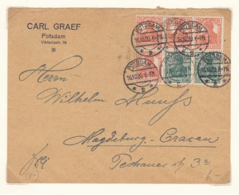 Germany 1920-1923 Inflation Period Post Env cancel 16.10.1920 Potsdam on SG84i booklet pane; Env cancel on SG102, 140, 2 pair