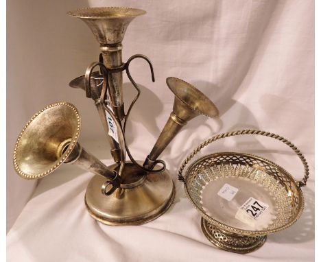 Silver plated epergne, H: 26 cm, and a swing handled basket, D: 14 cm. P&amp;P Group 2 (£18+VAT for the first lot and £3+VAT 