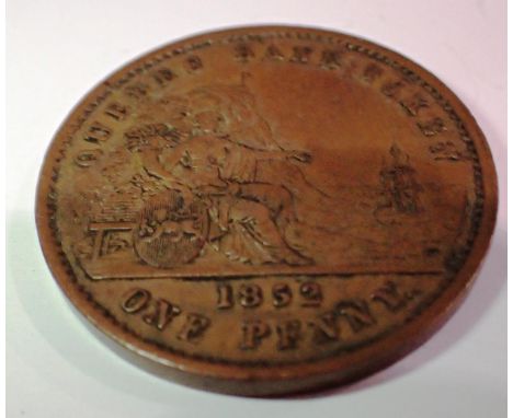 1852 Quebec bank token for one penny. P&amp;P Group 1 (£14+VAT for the first lot and £1+VAT for subsequent lots) 