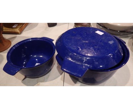 Two Nacco of Denmark enamel casserole dishes, one lidded. Not available for in-house P&amp;P 