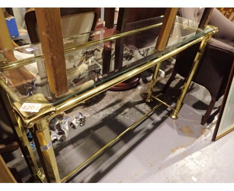 Brass console table with glass top, 130 x 50 x 80 cm. Not available for in-house P&amp;P 