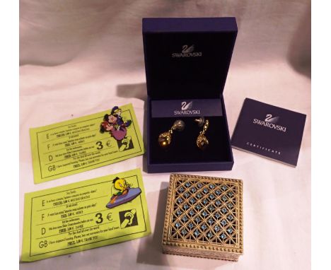 Boxed Swarovski earrings, a trinket box and two Disney badges. P&amp;P Group 1 (£14+VAT for the first lot and £1+VAT for subs