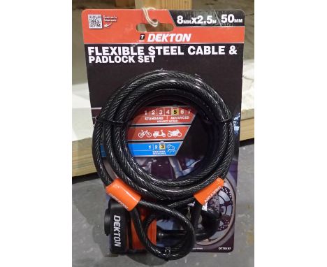 New and unused 8 mm x 2.5 m flexible steel cable and 50 mm padlock (2). P&amp;P Group 1 (£14+VAT for the first lot and £1+VAT