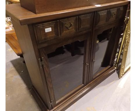 Hardwood two door glass fronted cabinet with two drawers and lower shelf, 100 x 50 x 100 cm. Not available for in-house P&amp