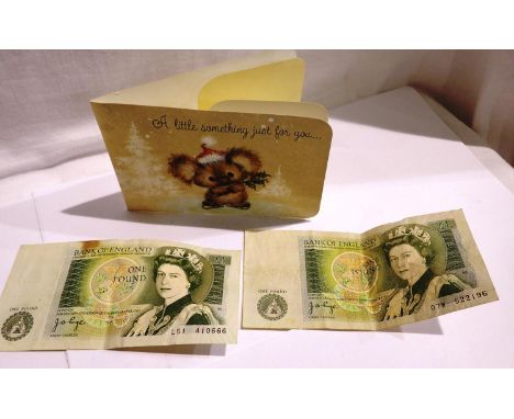 Two vintage one pound notes in a gift card. P&amp;P Group 1 (£14+VAT for the first lot and £1+VAT for subsequent lots) 