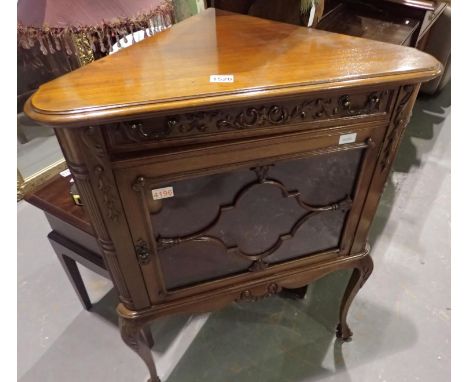 Mahogany glazed corner cabinet on cabriole supports, fronted with drawer and small inner shelf, 75 x 45 x 100 cm H. Not avail