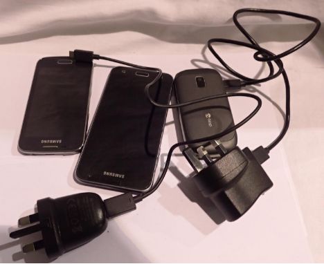 Three mobile phones, two Samsung and another, with power supplies. P&amp;P Group 1 (£14+VAT for the first lot and £1+VAT for 