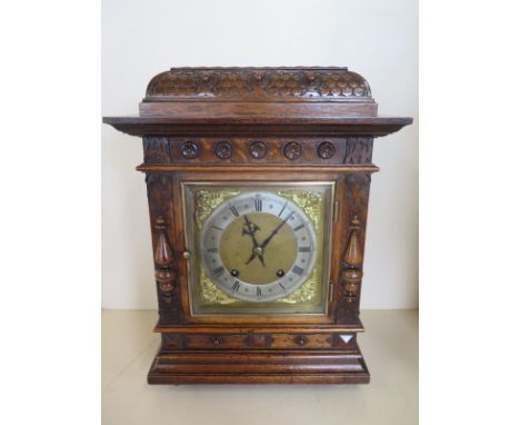 A nice quality bracket clock by W and H, oak case, brass dial, silver chapter ring, chimes quarters and hours on two gongs - 