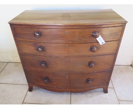 A 19th Century mahogany four drawer bow fronted chest on splayed bracket feet, 99cm H x 109cm W x 55cm D - in clean restored 