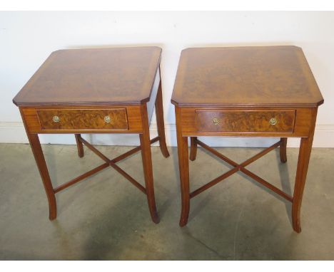 A pair of walnut lamp tables, each with a frieze drawer - made by a local craftsman to a high standard - 66cm H x 56cm W x 56