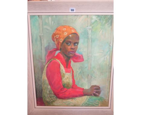 Geraldine Dewar, portrait of an afro-caribbean lady amid a plantation, oil on board, sight size 59 x 49.5cm, overall frame si