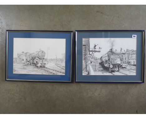 A pencil sketch of the locomotive Sir Nigel Gresley and one of Boston Goods Yard - by A Briggs - frame size 40cm x 53cm 
