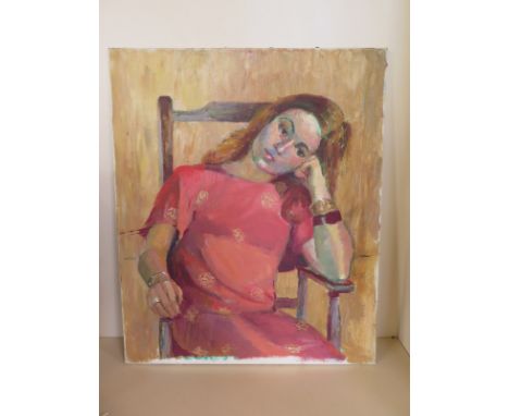 Attributed to Geraldine Dewar, oil on canvas portrait of a young lady seated upon a chair in a reflective pose, unsigned, fra