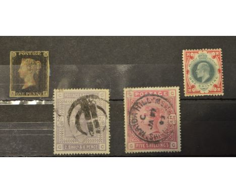 GB QV 1d, SG1 with light red MC cross cancel; 2s6d, SG175 with heavy black cancel; 5s, SG176 with centered cancel; and EVII 1