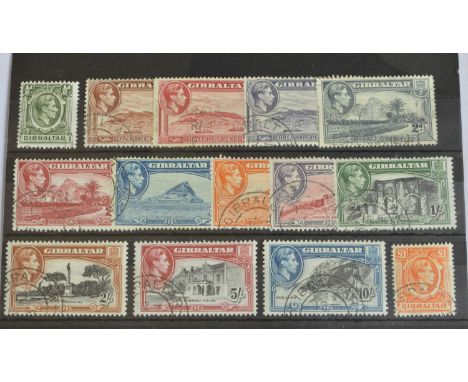 Gibraltar 1938-51 defins SG 121-131, mainly fine, used, the 1 1/2d carmine + 2d grey values have light slogan cancels.