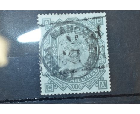 GB QV 10s grey-green, SG131, heavy Manchester parcel cancel, AC-CA corners,(condition poor); GB QV 2s6d, SG175, mounted mint 