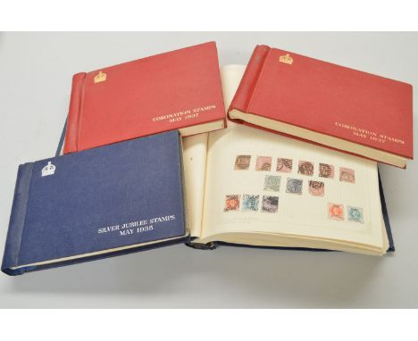 A stamp album containing GB including 1d red plates; EVII 1902 set to 1s, mm; and later QEII commemoratives, mm and on cover;