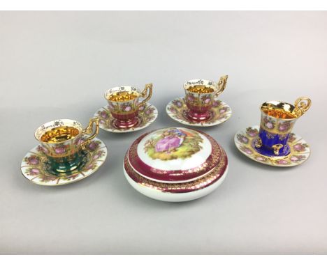 LIMOGES TRINKET BOX AND COVER, transfer printed with a courting scene, along with tea ware including a ceramic tea bowl and s
