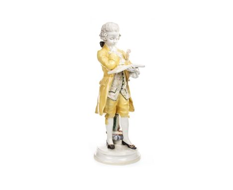 GOLDSCHEIDER FIGURE OF 'PERIGO', modelled stroking his chin whilst contemplating a book, violin under arm, raised on a circul