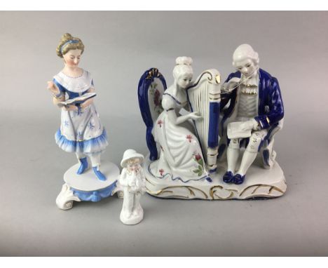 CONTINENTAL CERAMIC FIGURE GROUP OF A COURTING COUPLE, 20cm high, along with other ceramic figures, character jugs, and a Wed