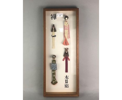 GROUP OF ORIGAMI LADIES IN JAPANESE DRESS, 51cm x 20cm Framed and under glass