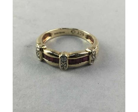 NINE CARAT GOLD GEN SET RING, set red bagette gems and diamonds