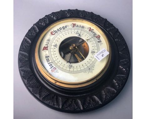 CIRCULAR STAINED WOOD WALL BAROMETER, 35cm diameter