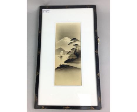 TWO JAPANESE PAINTINGS DEPICTING MOUNT FUJI, 30cm x 12cm, mounted framed and under glass