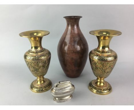 PAIR OF PERSIAN BRASS AND ENAMEL VASES, along with other mixed metalware including vases, a table lighter, napkin rings, a ta