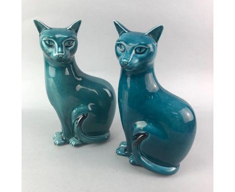 PAIR OF POOLE POTTERY FIGURES OF CATS, 30cm high, along with two Blue Mountain figures of dolphins and a Russian figure of a 