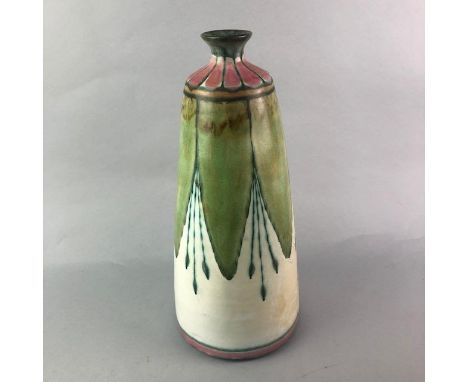 HANDPAINTED STONEWARE VASE, 37cm high, along with a brass table lamp, a figural candlestick and two other table lamps (5)