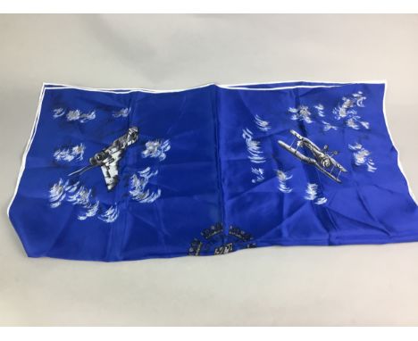 R.A.F. SCARF, with airplane motif decoration, emblem to centre, 65cm x 65cm Note: As per the label to the scarf, this was des
