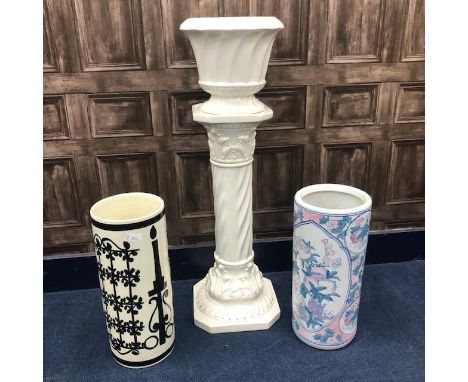 CERAMIC JARDINIERE, on stand, along with two ceramic stick stands (4)