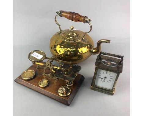 SET OF POSTAL SCALES, along with a collection of brass ware including candlesticks, toddy kettle, a carriage clock and other 