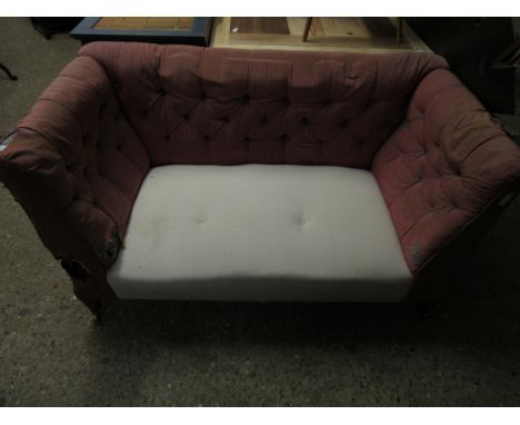 19TH CENTURY MAHOGANY FRAMED SMALL PROPORTION DROP END SOFA WITH BUTTON BACK (NEEDS RE-UPHOLSTERING) 