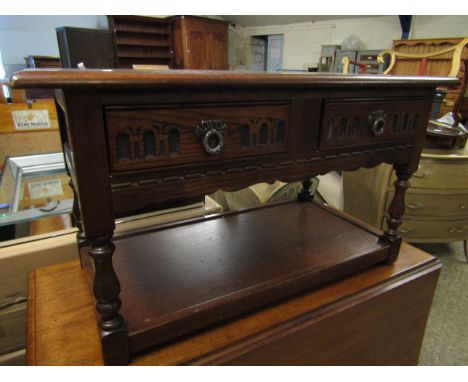 GOOD QUALITY OAK FRAMED RECTANGULAR COFFEE TABLE FITTED WITH TWO DRAWERS WITH OPEN SHELF 