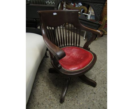 MAHOGANY FRAMED SPINDLE BACK OFFICE ARMCHAIR WITH RED LEATHER AND BUTTON TO SEAT 