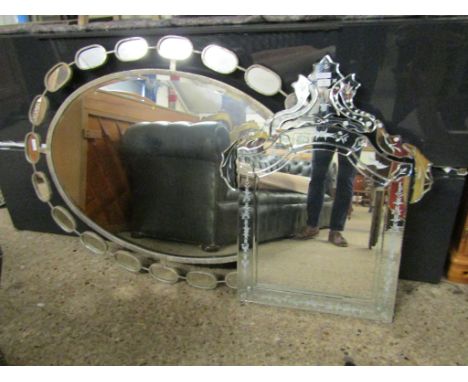 MODERN VENETIAN TYPE MIRROR TOGETHER WITH A METAL FRAMED WALL MOUNTED MIRROR WITH OVAL SURROUND (2)