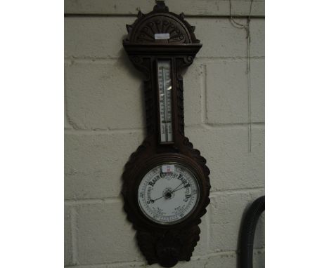 19TH CENTURY OAK CARVED FRAMED WHEEL BAROMETER WITH ENAMEL DIAL 