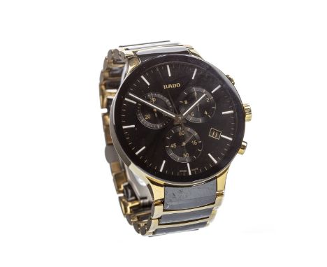 GENTLEMAN'S RADO CENTRIX CERAMIC AND GOLD PLATED QUARTZ WRIST WATCH, the round black dial with applied baton hour markers, su