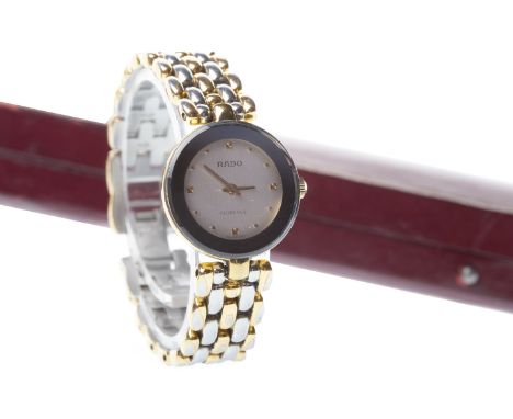 LADY'S RADO FLORENCE STAINLESS STEEL BI COLOUR QUARTZ WRIST WATCH, the round dial with dot hour markers, pencil hands, grey b